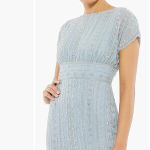 Mac Duggal  Blue Beaded Cap Sleeve Empire Waist Sheath Midi Dress